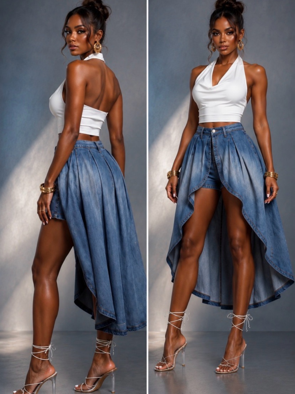 High-Low Denim Skirt with Built-In Shorts - Blue - Picture 2 of 3
